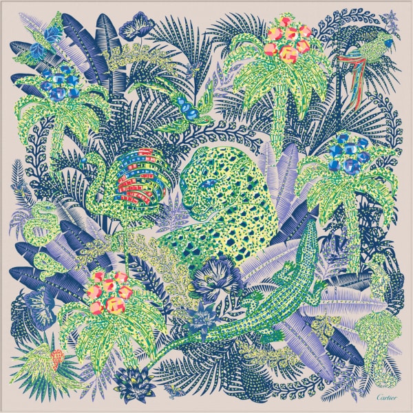 Panther Jungle 圖案方巾，90厘米 綠色及米色斜紋真絲