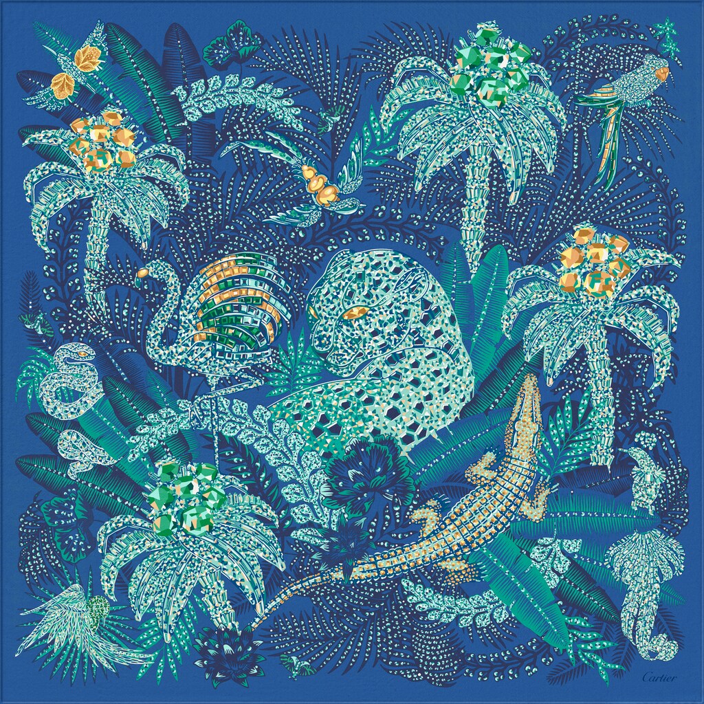 Panther Jungle 圖案方巾，90厘米藍色斜紋真絲