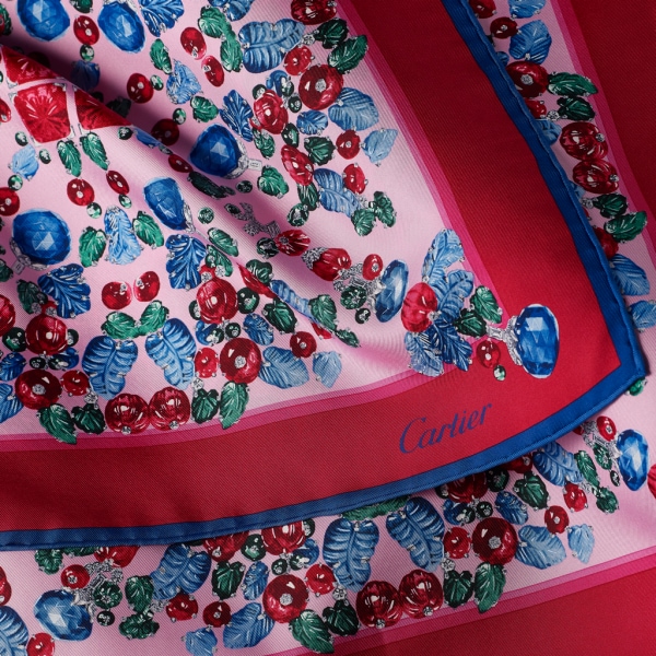 Cartier Tutti Frutti「水果錦囊」風格方巾，90厘米 粉紅色斜紋真絲