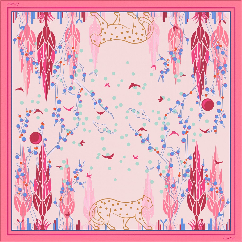 Panther Garden 圖案方巾，90厘米淺粉紅色斜紋真絲