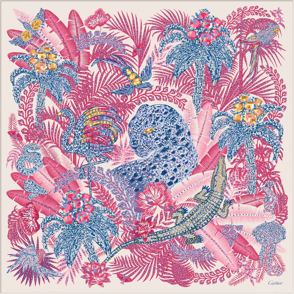 Panther Jungle 圖案方巾，90厘米粉紅色及米色斜紋真絲