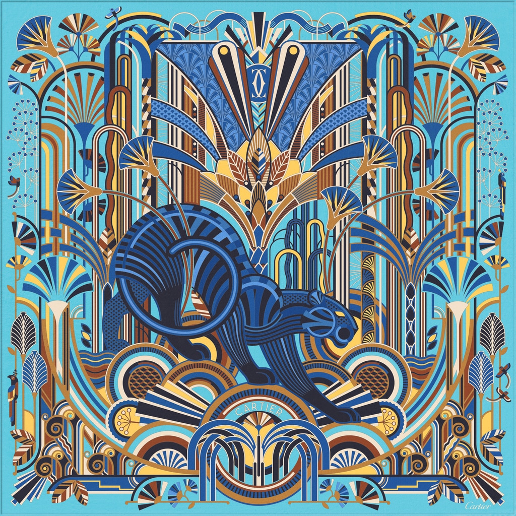 Panthère Art Déco 圖案方巾，90厘米淺藍色及黃色斜紋真絲