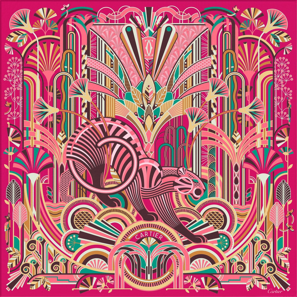 Panthère Art Déco 圖案方巾，90厘米桃紅色及珊瑚色斜紋真絲