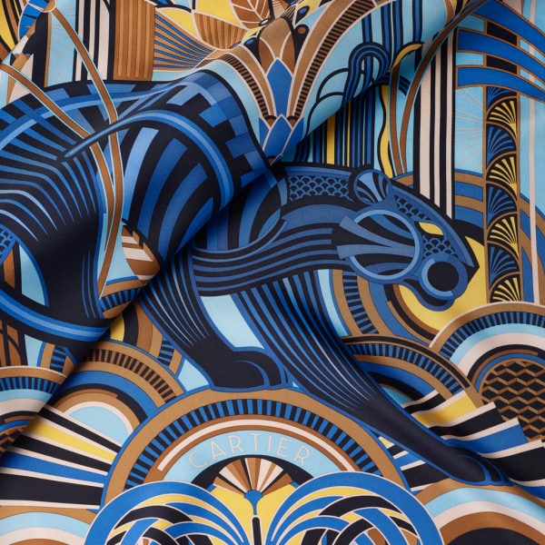 Panthère Art Déco 圖案方巾，90厘米 淺藍色及黃色斜紋真絲