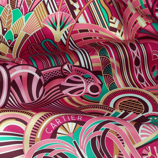 Panthère Art Déco 圖案方巾，90厘米 桃紅色及珊瑚色斜紋真絲
