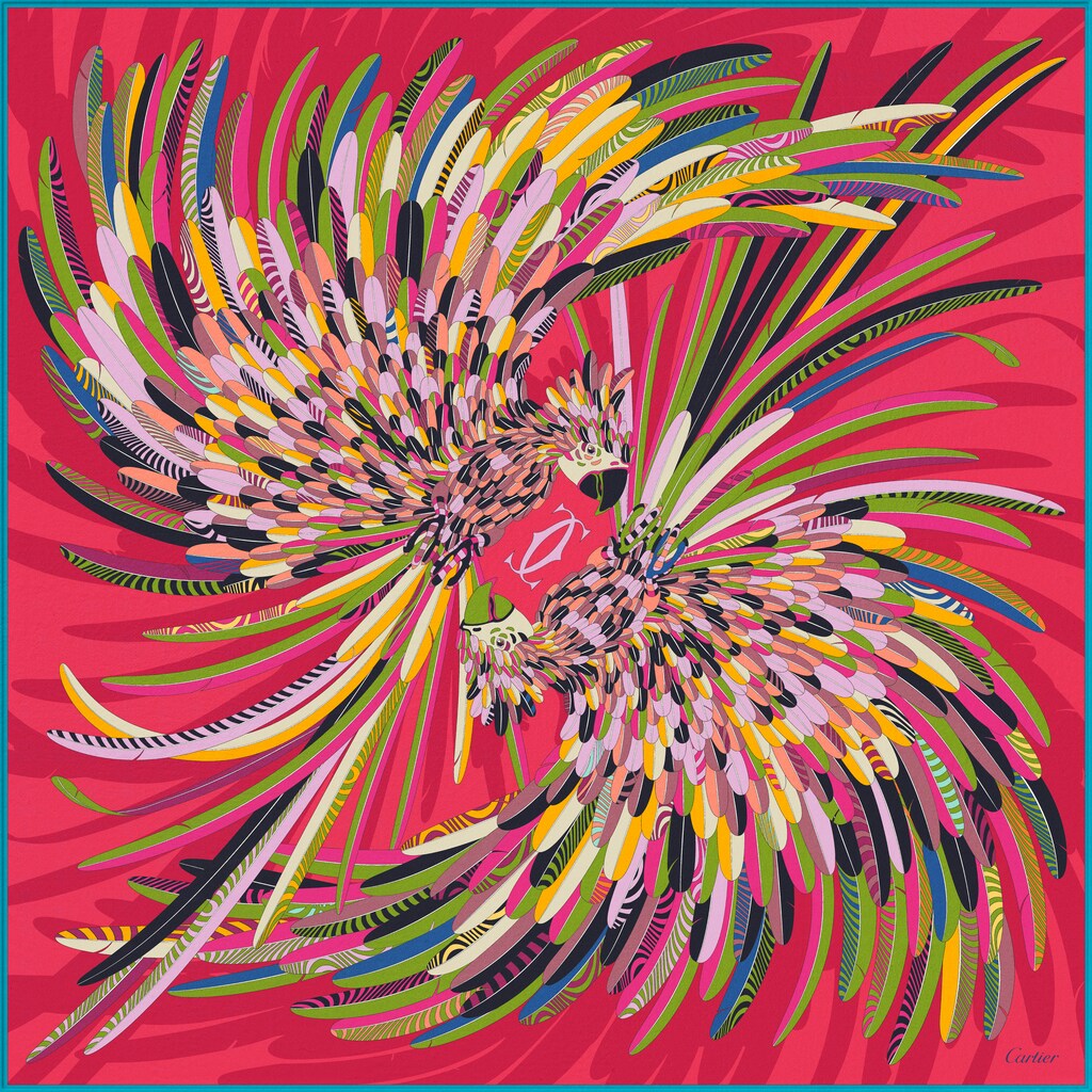 鸚鵡圖案方巾，90厘米紅色斜紋真絲