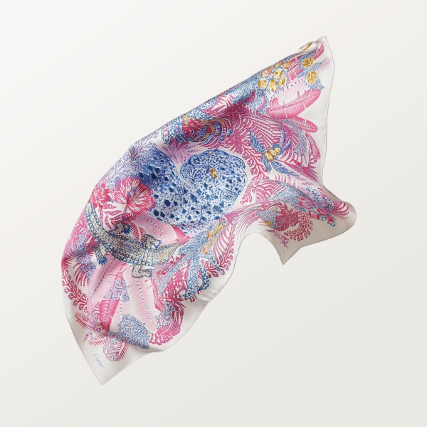 Panther Jungle 圖案方巾，90厘米 粉紅色及米色斜紋真絲