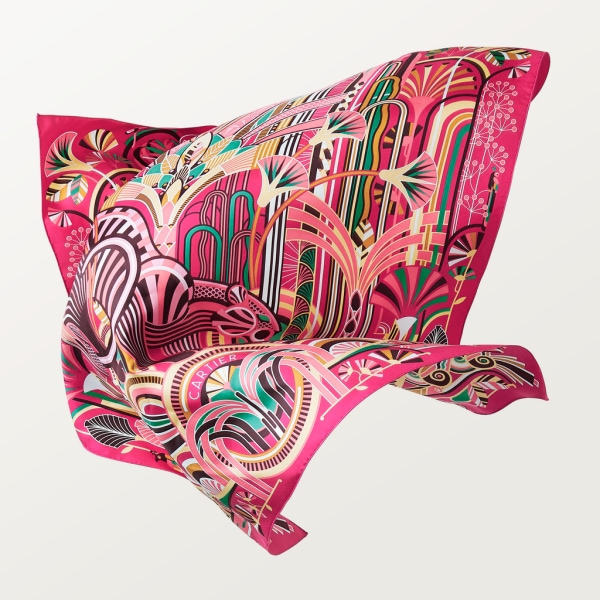 Panthère Art Déco 圖案方巾，90厘米 桃紅色及珊瑚色斜紋真絲