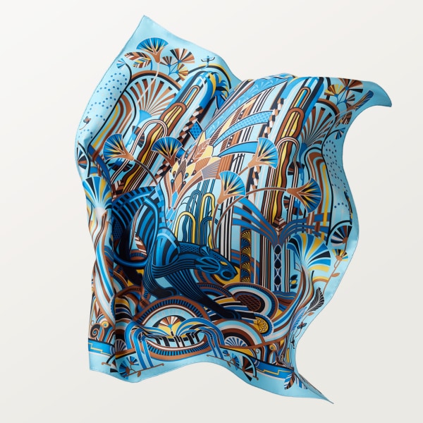 Panthère Art Déco 圖案方巾，90厘米 淺藍色及黃色斜紋真絲