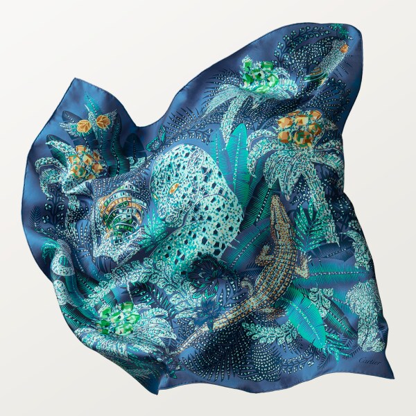 Panther Jungle 圖案方巾，90厘米 藍色斜紋真絲