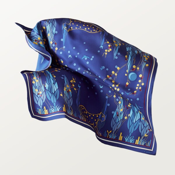 Panther Garden 圖案方巾，90厘米 深藍色斜紋真絲