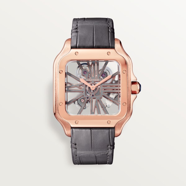 Santos de Cartier 腕錶 大型款，手動上鏈機械機芯，18K玫瑰金，皮革