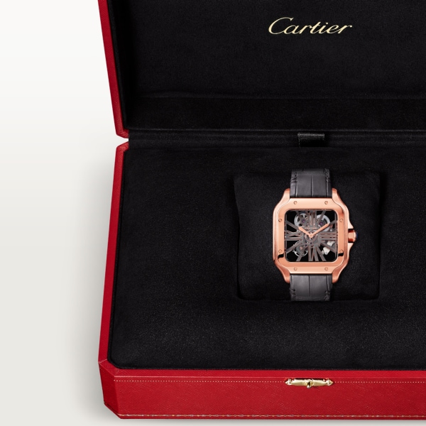 Santos de Cartier 腕錶 大型款，手動上鏈機械機芯，18K玫瑰金，皮革