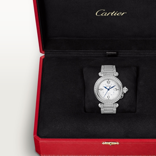 Pasha de Cartier watch 35mm, automatic movement, white gold, diamonds