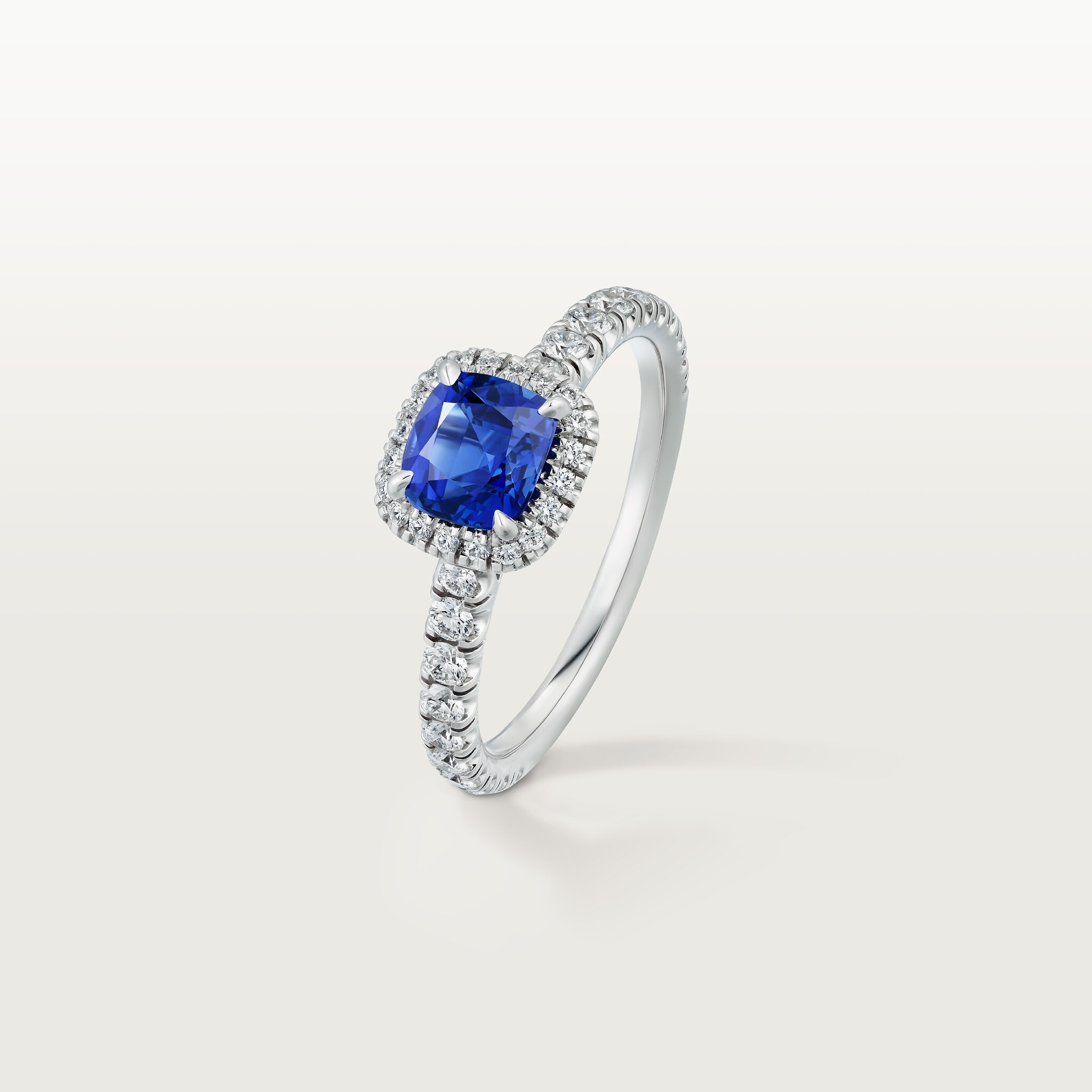 Cartier Destinée solitaire, cushion-cut sapphire, paved Platinum, sapphire, diamonds
