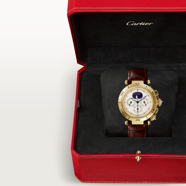 Pasha de Cartier watch 38 mm, yellow gold, leather, full calendar, moon phase