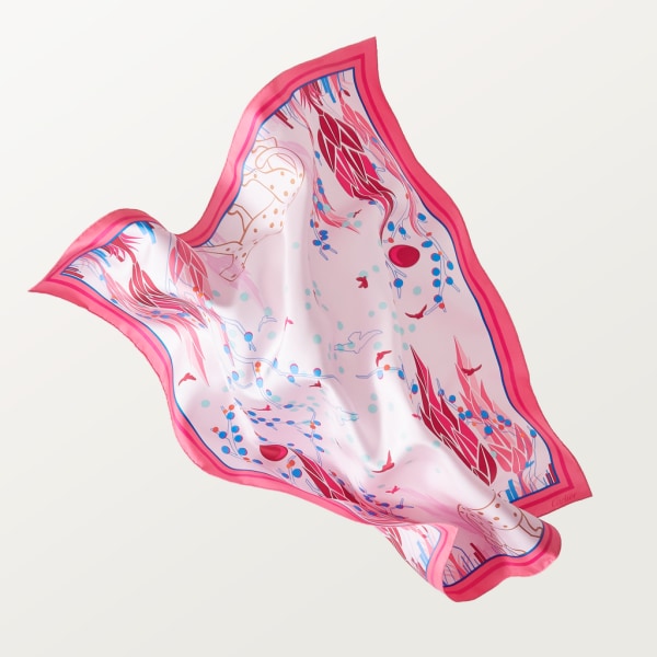 Panther Garden 圖案方巾，90厘米 淺粉紅色斜紋真絲