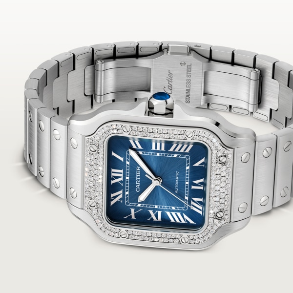 Santos de Cartier 腕錶 中型款，自動上鏈機械機芯，精鋼，鑽石，藍色錶盤，可更換式金屬錶鏈及皮革錶帶