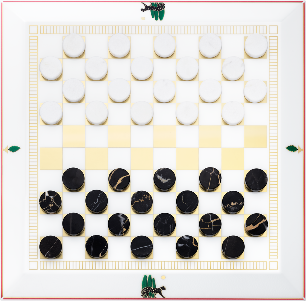 Draughts set with panther motifLacquered wood and marble
