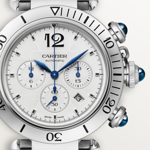 Pasha de Cartier 腕錶 41毫米，計時功能，自動上鏈機械機芯，精鋼，可更換式金屬錶鏈及皮革錶帶