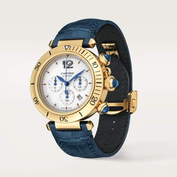Pasha de Cartier 腕錶 41毫米，計時功能，自動上鏈機械機芯，18K黃金，可更換式皮革錶帶