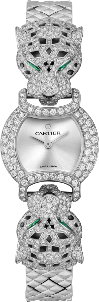 La Panthère de Cartier 腕錶22.2毫米，石英機芯，鍍銠飾面白色黃金，鑽石，祖母綠，金屬錶鏈