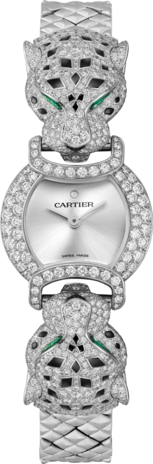 La Panthère de Cartier 腕錶 22.2毫米，石英機芯，鍍銠飾面白色黃金，鑽石，祖母綠，金屬錶鏈