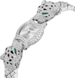 La Panthère de Cartier watch 22.2 mm, quartz movement, rhodium-finish white gold, diamonds, emeralds, metal strap