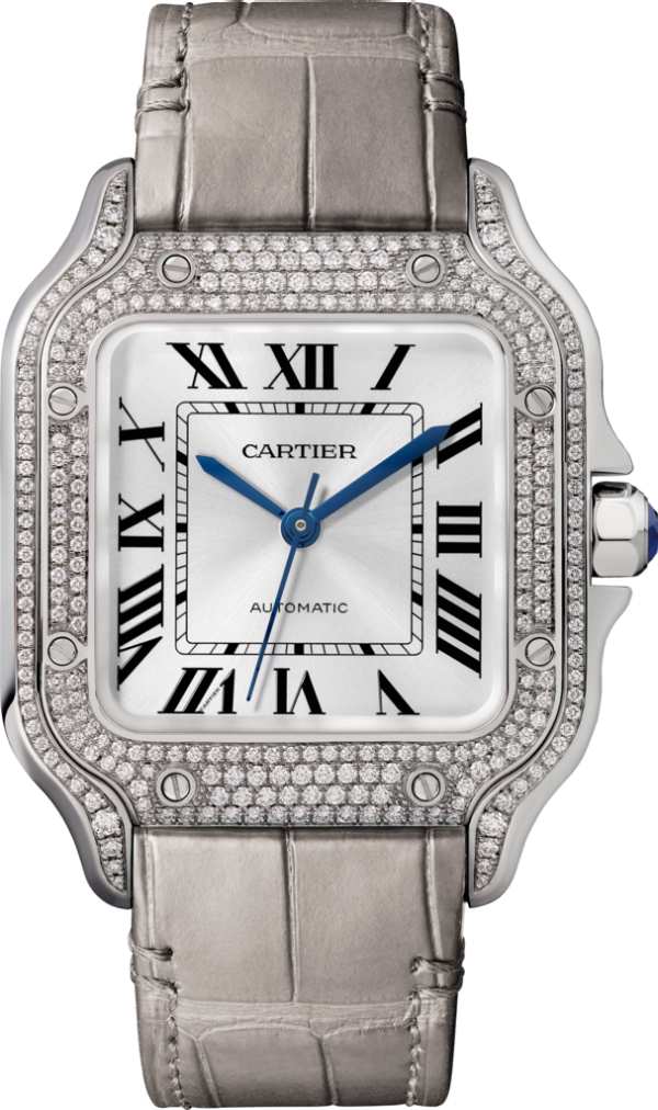 Santos de Cartier 腕錶 中型款，自動上鏈機械機芯，18K白色黃金，鑽石，2條可更換式皮革錶帶