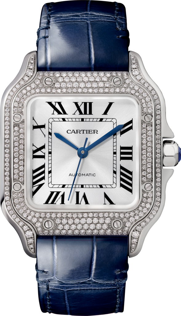 Santos de Cartier 腕錶 中型款，自動上鏈機械機芯，18K白色黃金，鑽石，2條可更換式皮革錶帶