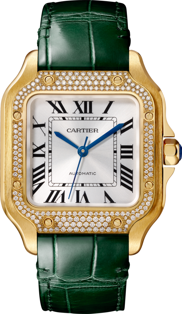 Santos de Cartier 腕錶中型款，自動上鏈機械機芯，18K黃金，鑽石，2條可更換式皮革錶帶