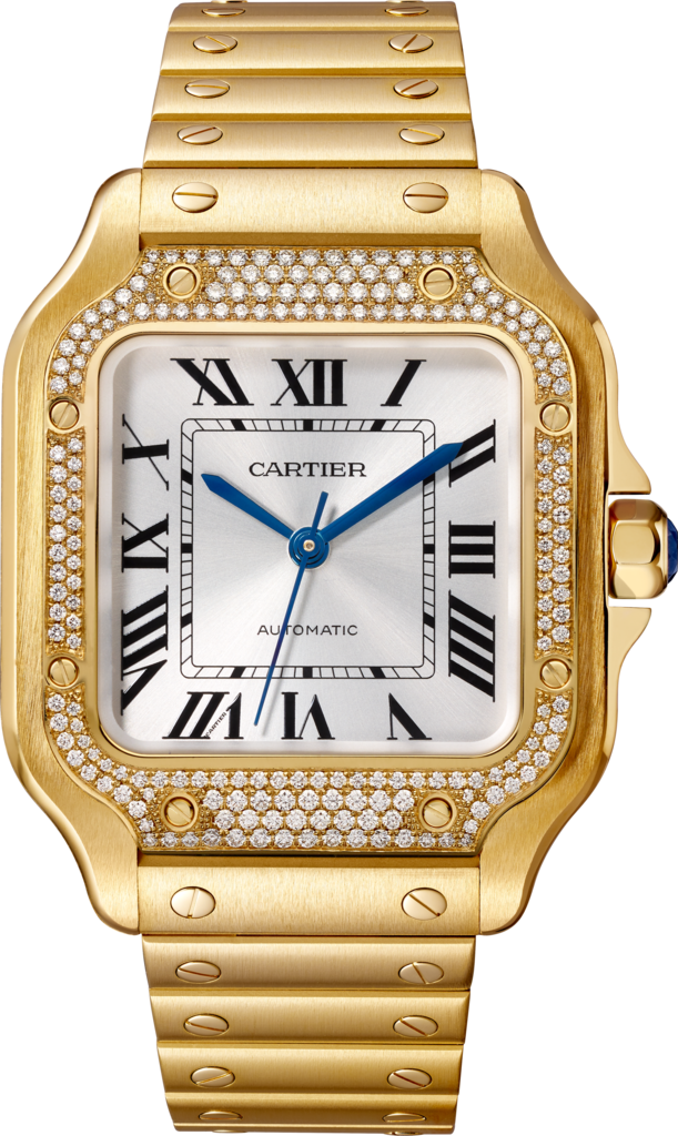 Santos de Cartier 腕錶中型款，自動上鏈機械機芯，18K黃金，鑽石，可更換式金屬錶鏈及皮革錶帶