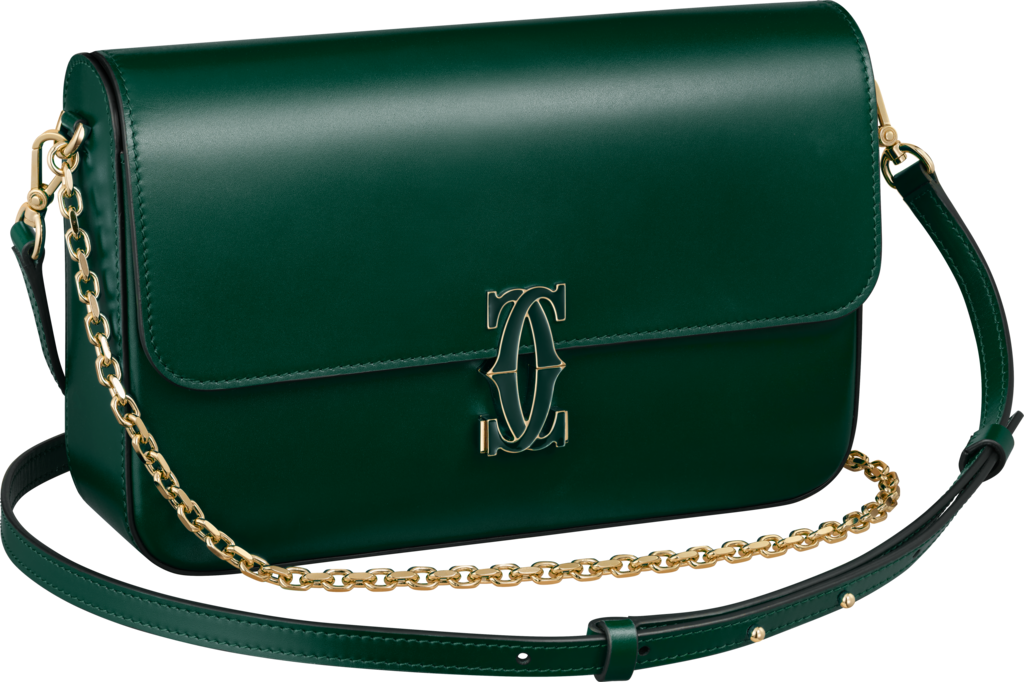 鏈帶手袋，小型款，Double C de Cartier深綠色小牛皮，金色及深綠色琺瑯飾面