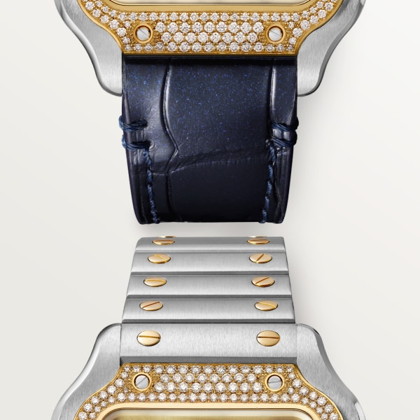 Santos de Cartier 腕錶 中型款，自動上鏈機械機芯，18K黃金，精鋼，鑽石，可更換式金屬錶鏈及皮革錶帶