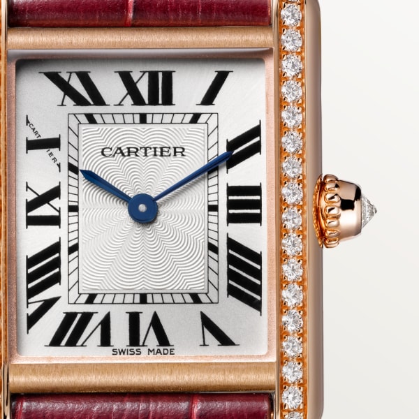 Tank Louis Cartier 腕錶 小型款，手動上鏈機械機芯，18K玫瑰金，鑽石，皮革