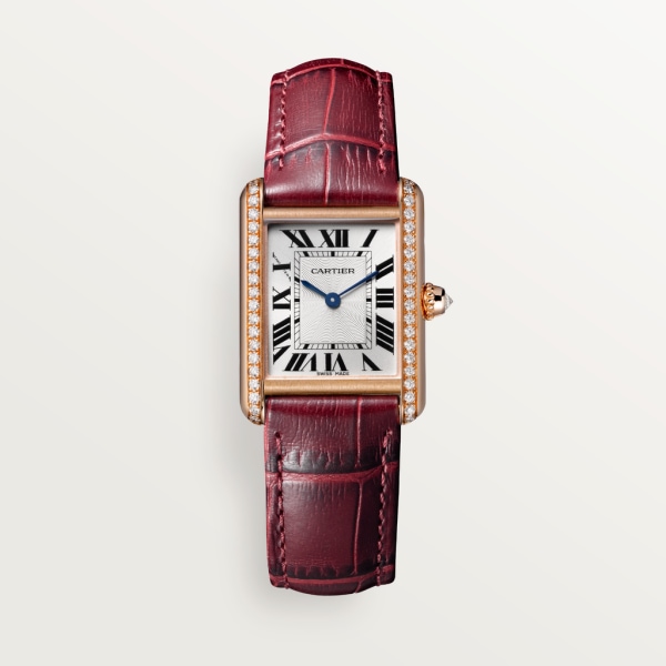 Tank Louis Cartier watch Small model, hand-wound mechanical movement, rose gold, diamonds, leather