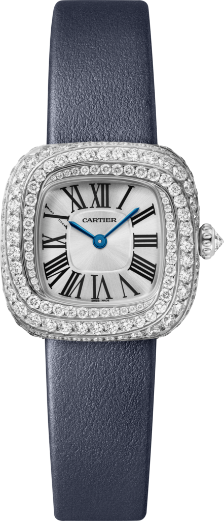 Coussin de Cartier 腕錶小型款，石英機芯，鍍銠飾面白色黃金，鑽石，皮革