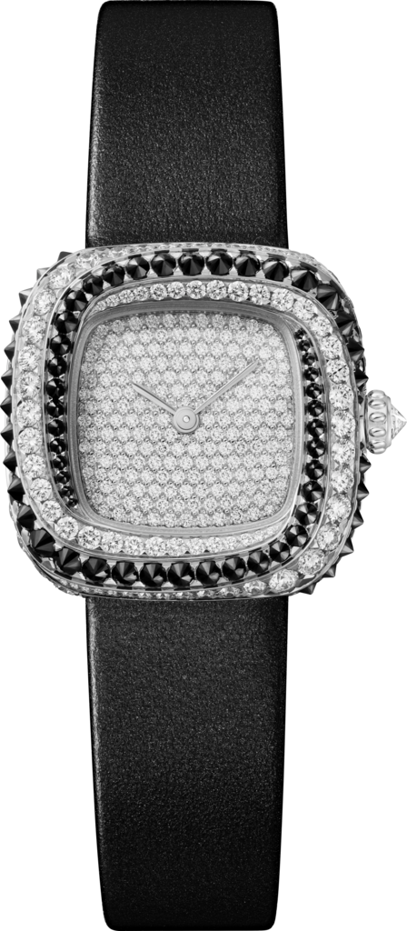 Coussin de Cartier 腕錶小型款，石英機芯，鍍銠飾面白色黃金，鑽石，尖晶石，皮革