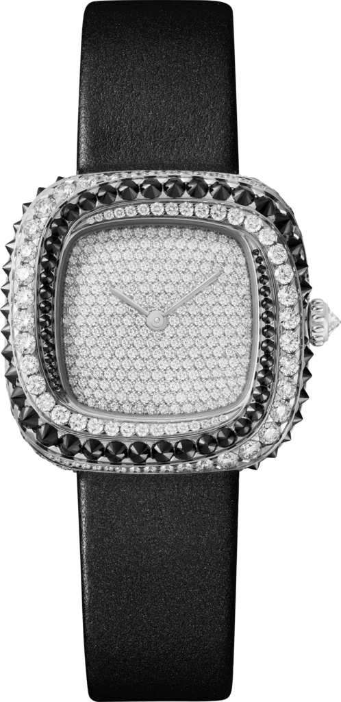Coussin de Cartier 腕錶中型款，石英機芯，鍍銠飾面白色黃金，鑽石，尖晶石，皮革