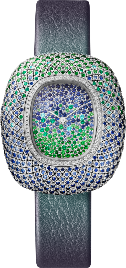 Coussin de Cartier 腕錶中型款，石英機芯，鍍銠飾面白色黃金，鑽石，藍寶石，沙弗萊石，祖母綠，碧璽，皮革