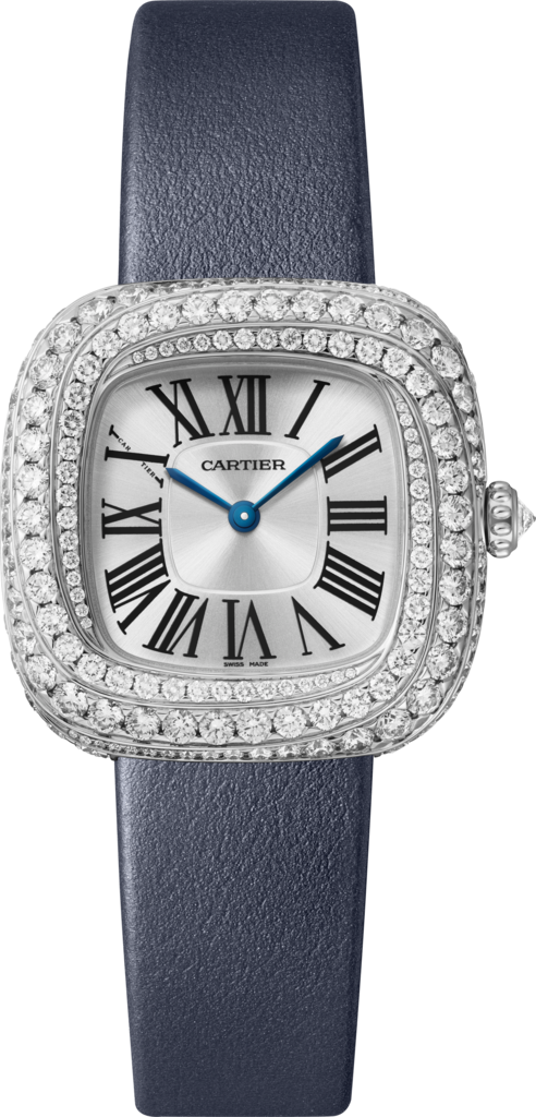 Coussin de Cartier 腕錶中型款，石英機芯，鍍銠飾面白色黃金，鑽石，皮革