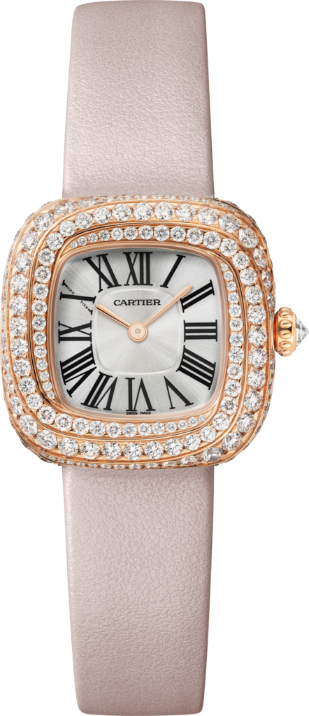 Coussin de Cartier 腕錶小型款，石英機芯，玫瑰金，鑽石，皮革
