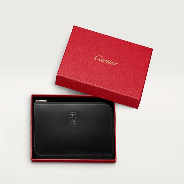 Pouch small model, C de Cartier Black calfskin, gold and black enamel finish