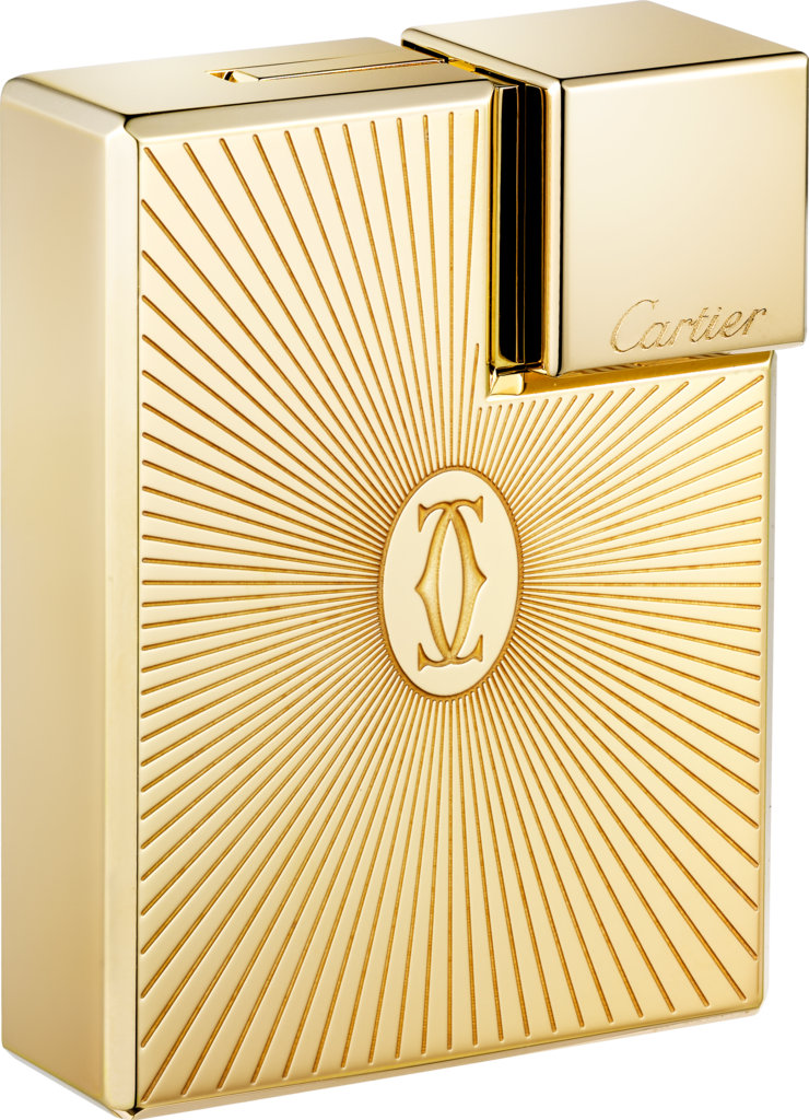 Double C de Cartier 標誌陽光射線紋飾方形打火機，黃金色飾面金屬，黃金色飾面