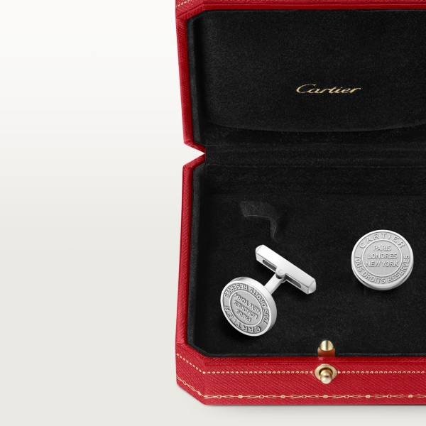 Double C de Cartier cufflinks with silver Stamp motif. Sterling silver, palladium finish