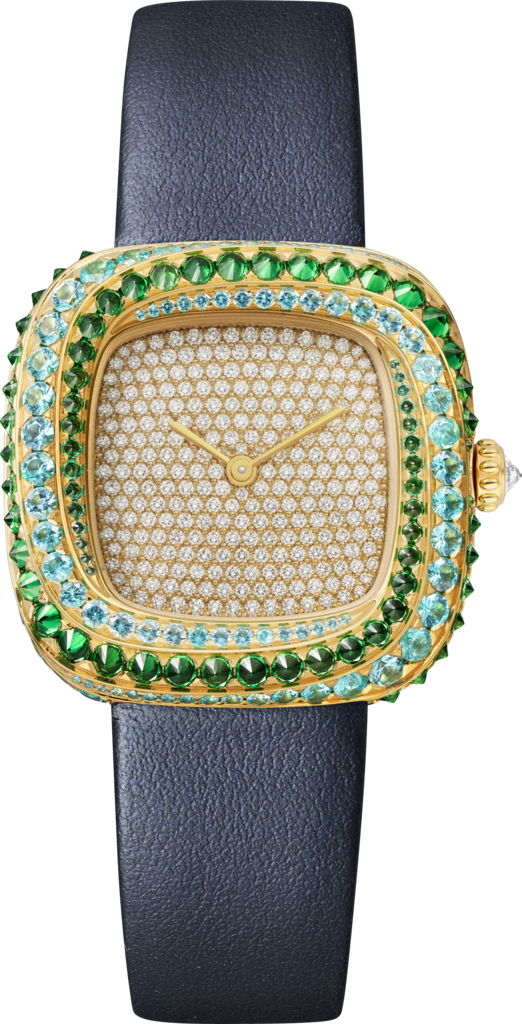 Coussin de Cartier 腕錶中型款，石英機芯，黃金，鑽石，碧璽，沙弗萊石，皮革