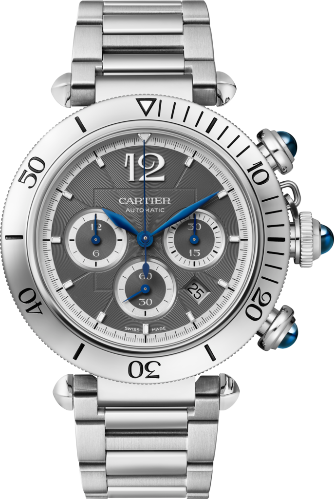 Pasha de Cartier 腕錶41毫米，計時功能，自動上鏈機械機芯，精鋼，深灰色錶盤，可更換式金屬錶鏈及皮革錶帶