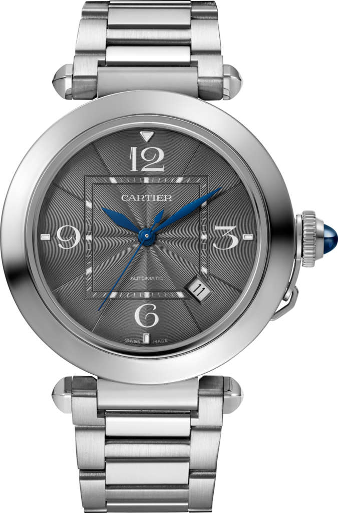 Pasha de Cartier 腕錶41毫米，自動上鏈機械機芯，精鋼，深灰色錶盤，可更換式金屬錶鏈及皮革錶帶