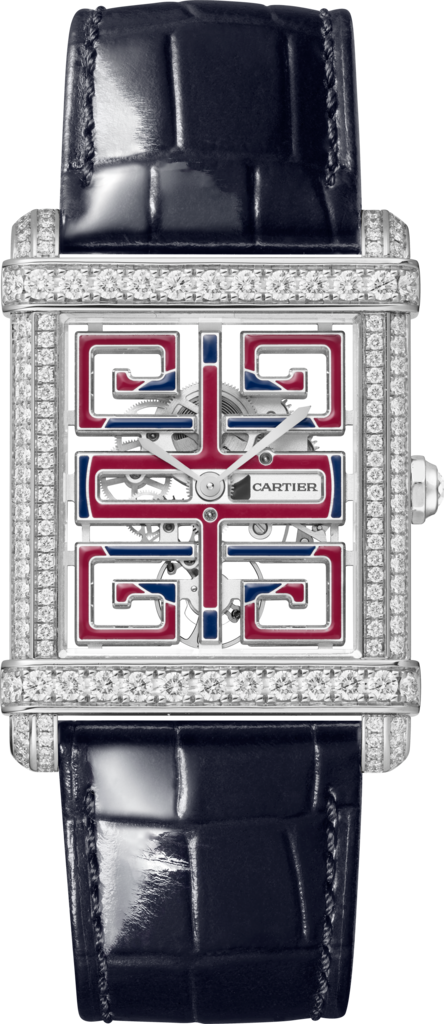 Tank Chinoise 腕錶大型款，手動上鏈鏤空機械機芯，鉑金，鑽石，皮革