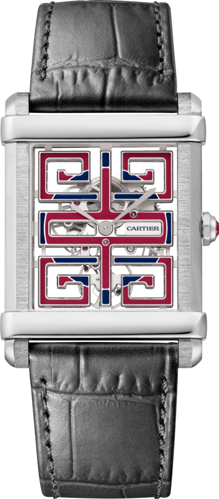 Tank Chinoise 腕錶大型款，手動上鏈鏤空機械機芯，鉑金，皮革